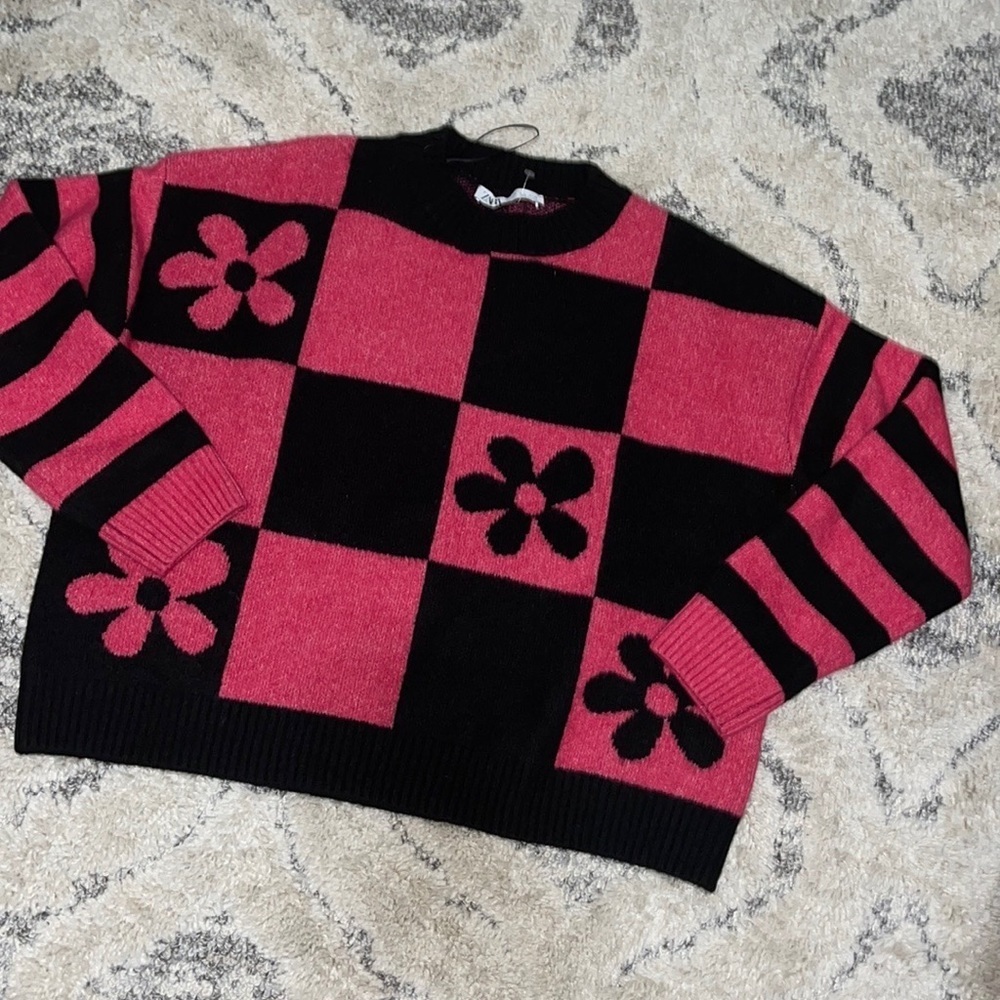 Zara warm Cozy Floral Printed Checkered OverSize Crewneck Sweater - Picture 12 of 12